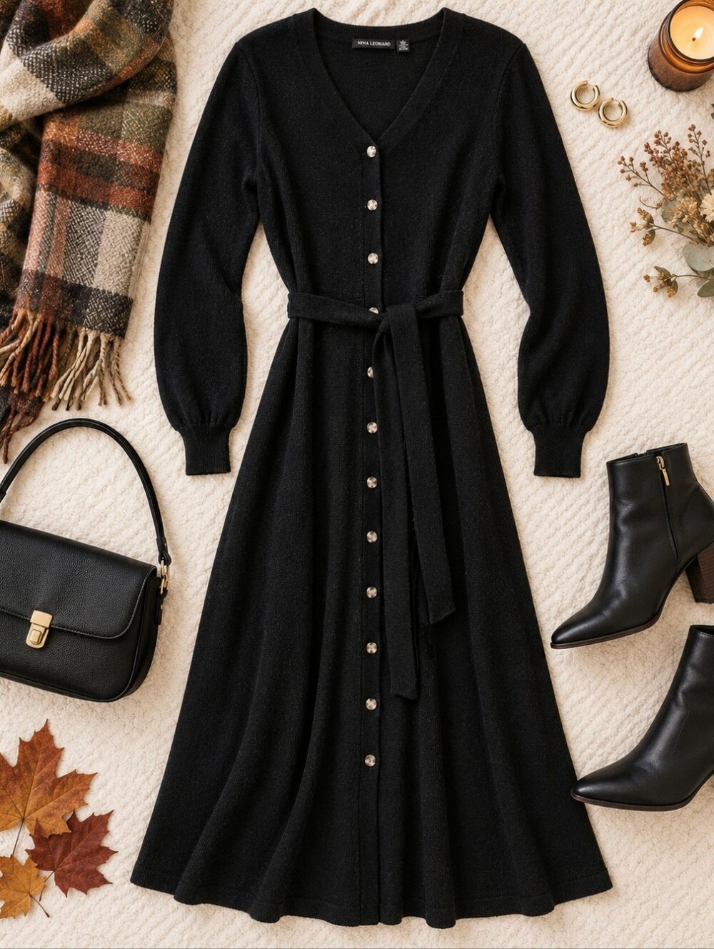 Nina Leonard Black Knit Button Front Tie Waist Sweater Dress Midi Large